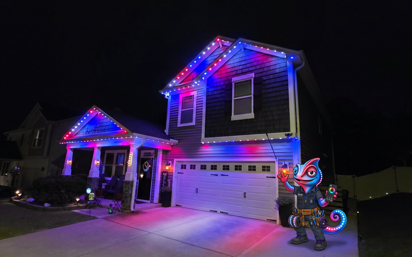 The same home's permanent lighting switched to red, white and blue for July 4th